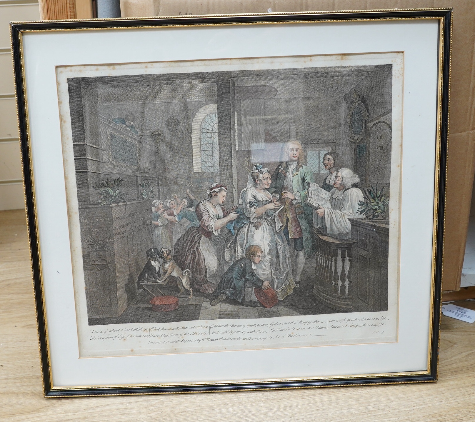 After William Hogarth (1697-1764), Eight satirical hand coloured engravings, ‘The Rakes Progress’, published June 25th 1735, largest 36 x 41cm. Condition - poor, fair, foxing throughout